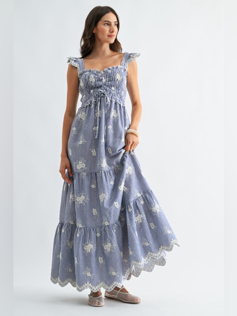 Camellia Blue Floral Striped Maxi Dress with Smocked Bodice